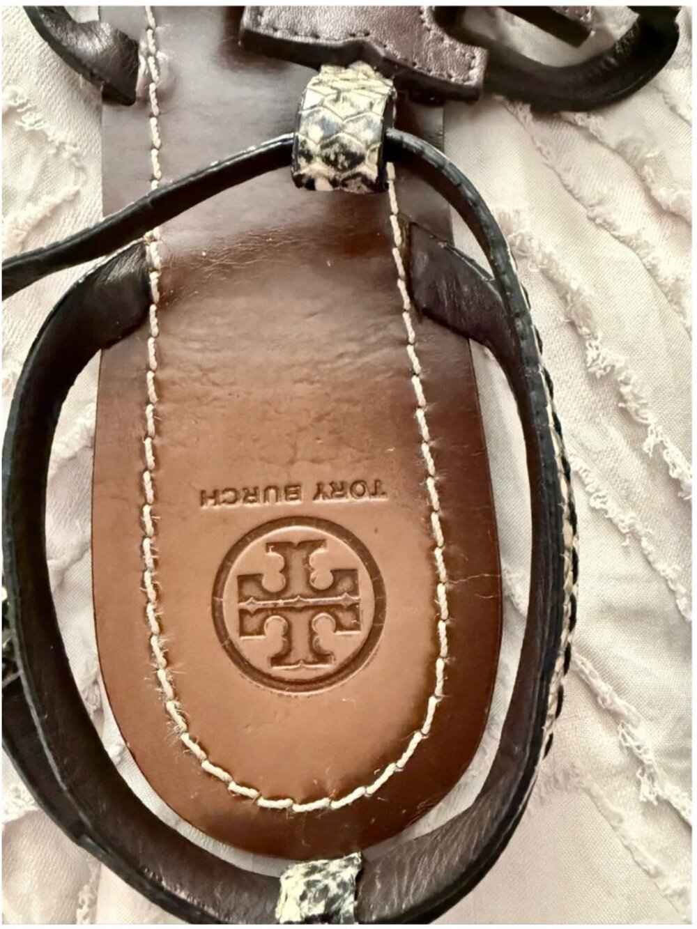 Tory Burch Phoebe Chandler Flat Leather Sandals with Snake-Print Trim - Picture 13 of 16